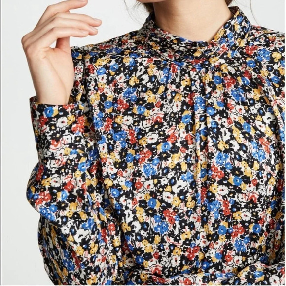Veronica Beard Mena Gathered Floral Puff Sleeve Top Silk 0 Mock Neck - Picture 5 of 13